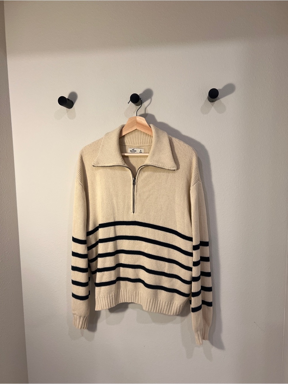 Hollister Cream Half-Zip Sweater with Black Stripes